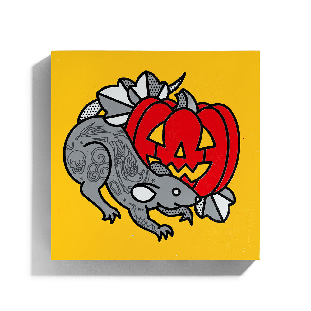 A square wood panel original painting by Red Halftone featuring a tattoo-style grey rat with tattoos playfully wrapped around a carved jack-o-lantern on a yellow background.