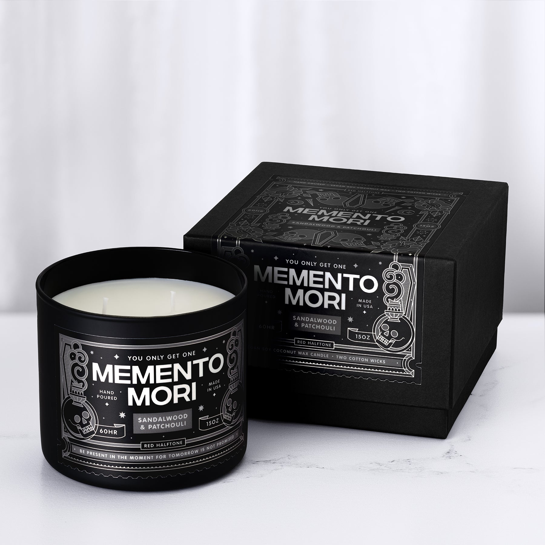 Memento Mori • Sandalwood & Patchouli Candle – Red Halftone