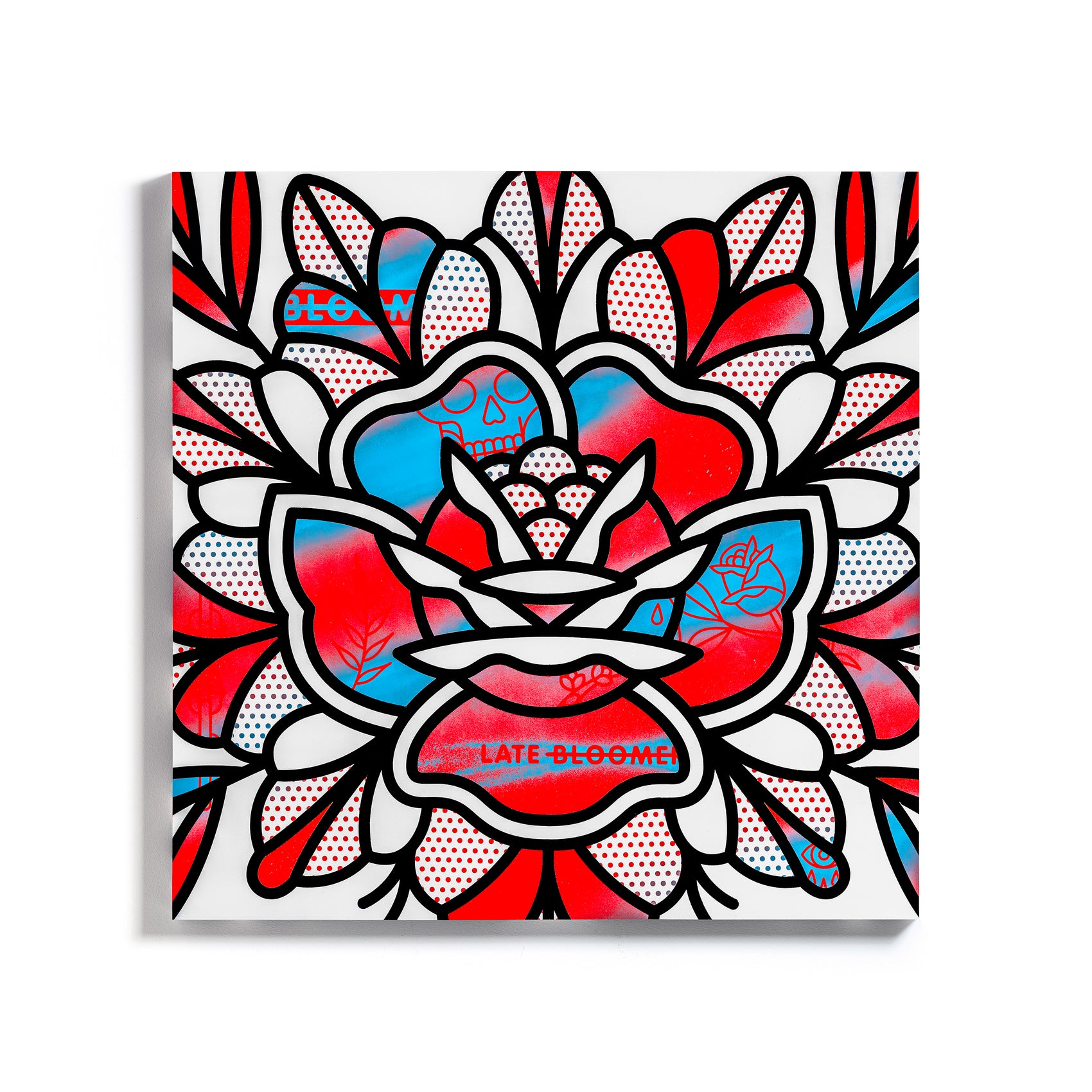An original painting by the artist, Red Halftone. A 36x36” painting on a wood panel of a large rose surrounded by foliage, centered in the canvas. The rose is drawn in a thick mono-weight black line. The rose is mostly red and white, but spray painted streaks of cyan are present throughout. Within the cyan streaks are smaller illustrations of a skull, rose stem, and text that reads: Late bloomer.