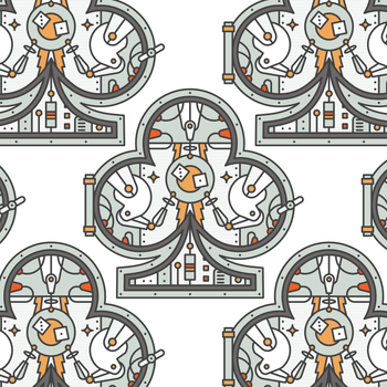 Pattern of mechanical gears and cogs inside a clubs shape on a white background