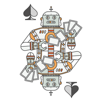 Robotic character holding playing cards on a white background
