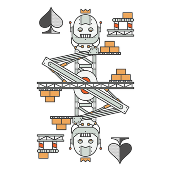 Robotic figure with mechanical arms and a robot-like head on a white background