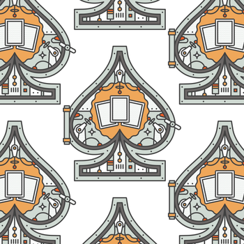 Pattern of decorative shapes with orange, gray, and white colors inside a spade shape on a white background