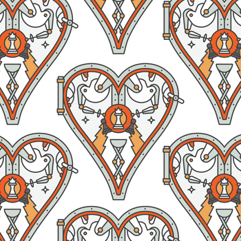 Decorative pattern with heart shapes and chess pieces on a white background