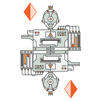 Illustration of a robot printing with a crown on a white background
