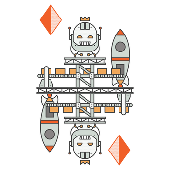 Illustration of a rocket launch with robots on a white background