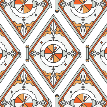 Geometric pattern with orange, white, and gray shapes inside a diamond shape on a white background