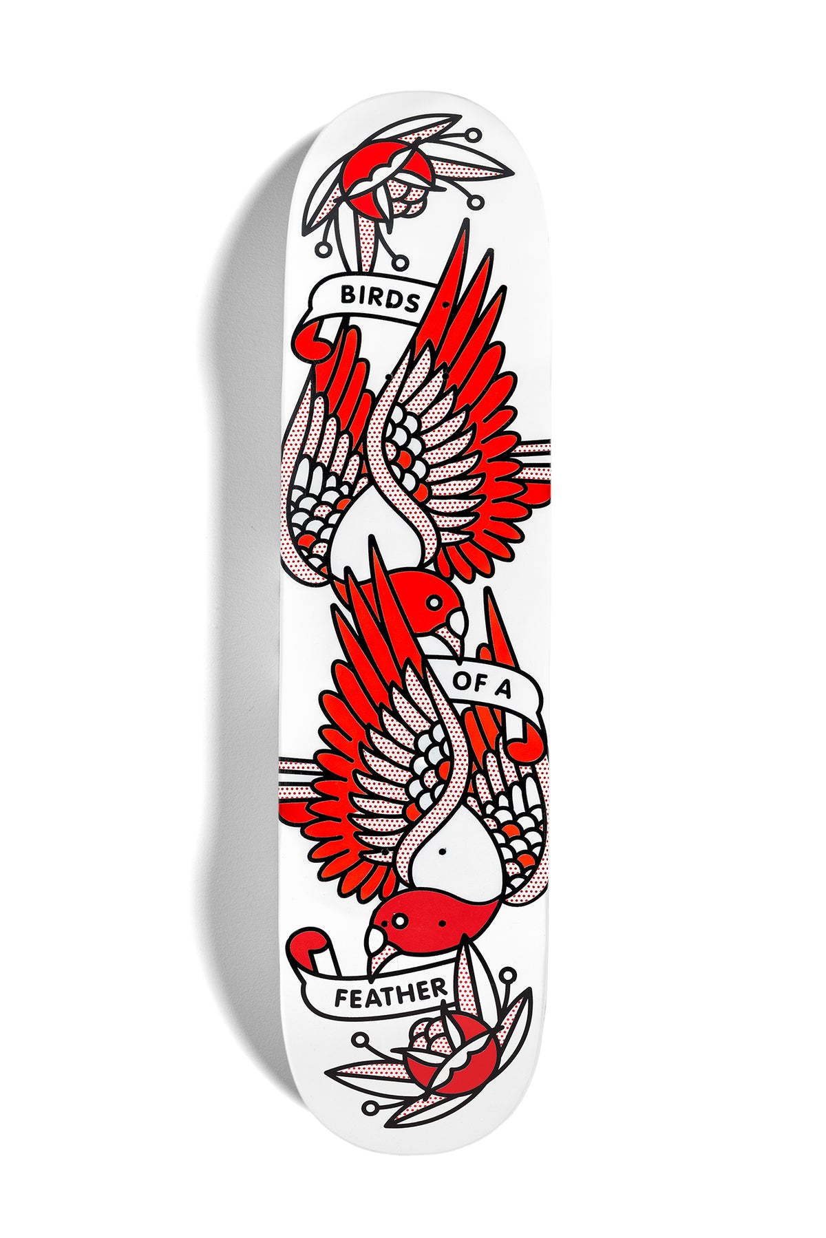 An original painting on a skateboard deck by the artist, Red Halftone. A vertical design of two lying pigeons with three banners that read: Birds of a feather. Roses bookend the top and bottom of the composition. Painted in a monoline and popart fusion style using a white, black and red color palette.