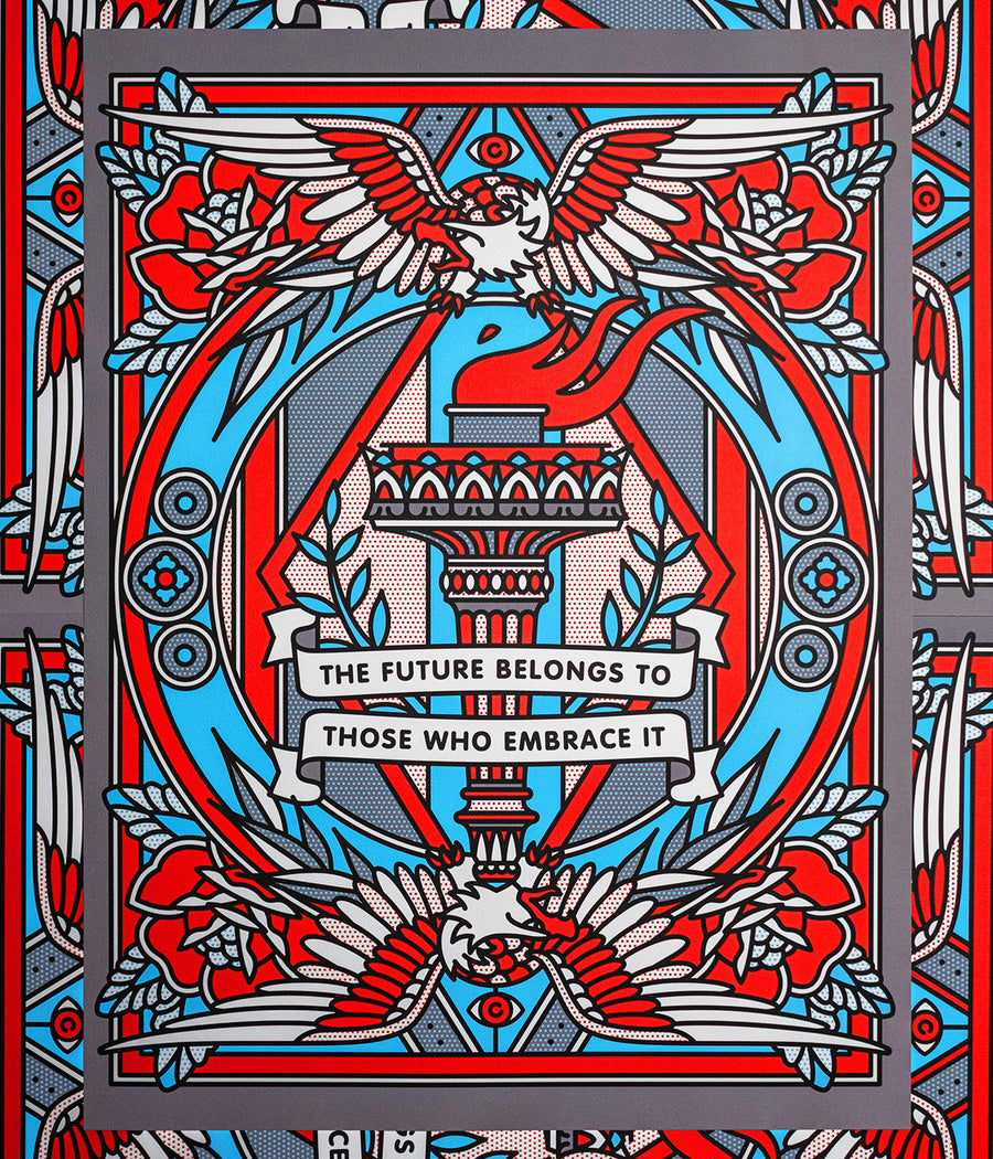 A limited edition print by the artist Red Halftone. It's a decorative design with eagles, a torch, and the text 'The future belongs to those who embrace it' on a red, blue, and gray background.