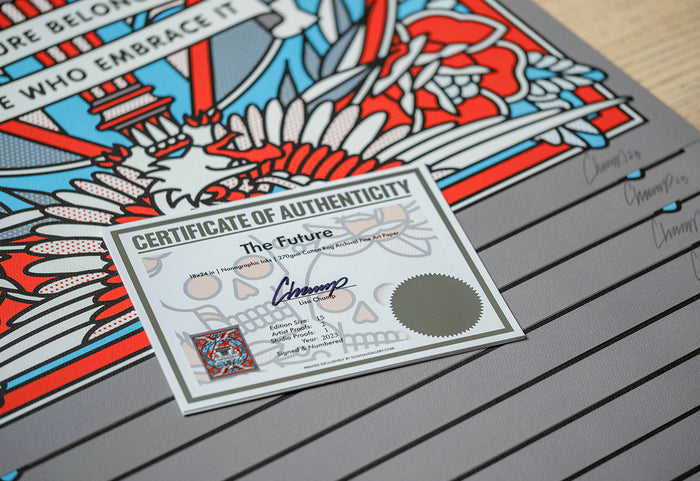 Certificate of Authenticity on top of  limited edition prints by the artist Red Halftone.