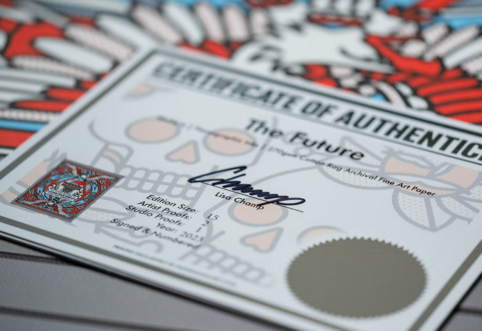 a close-up of a Certificate of Authenticity on top of a limited edition print by the artist Red Halftone.