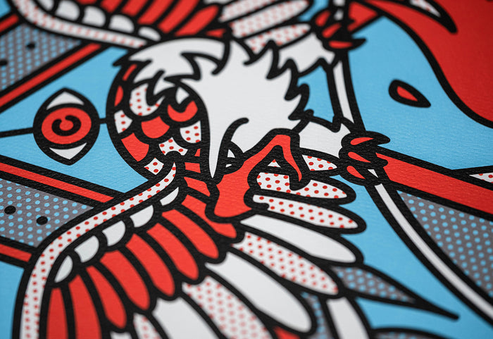 Close-up of a limited edition print by the artist Red Halftone with red, white, and blue colors.