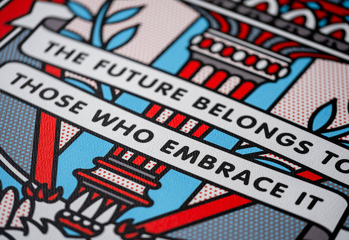 A close-up of a limited edition Red Halftone print with text 'The future belongs to those who embrace it' with red, blue, grey, and white colors.