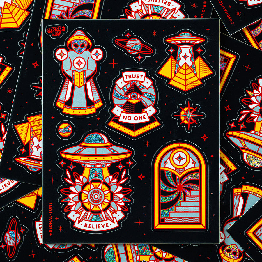 Collection of colorful UFO-themed stickers by Red Halftone on a black background