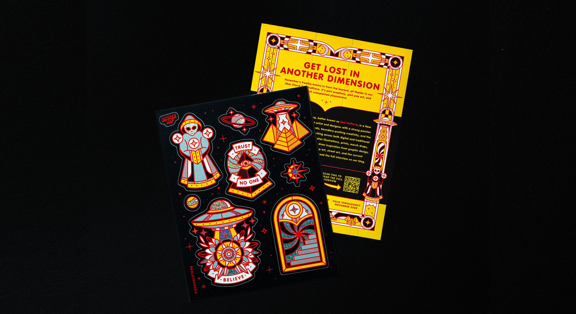 Sticker sheet with color alien and ufo themed stickers, and back design with matching graphics and info about the artist.