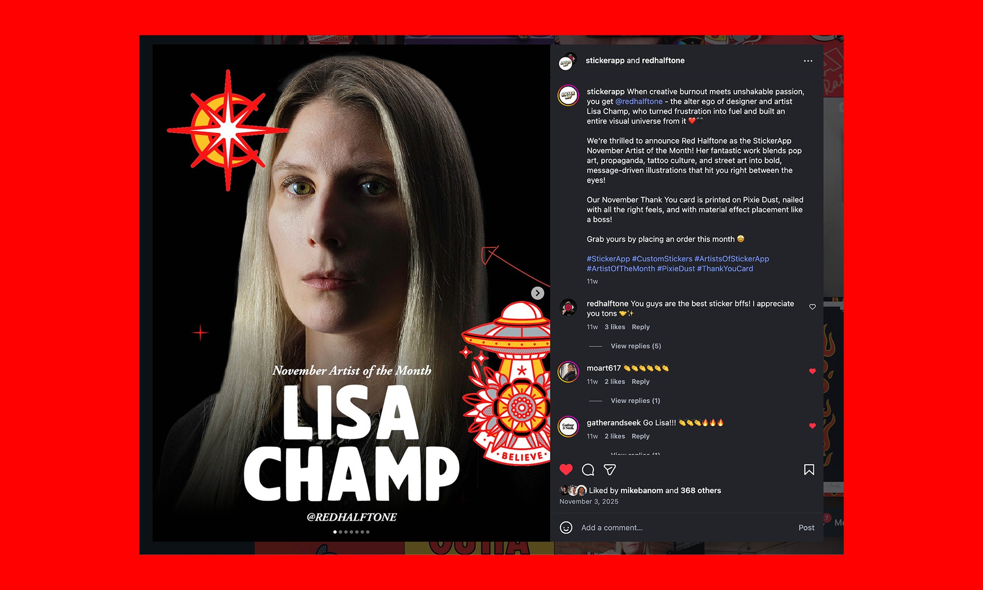 A screenshot of an instagram post featuring Lisa Champ, StickerApp's November Artist of the Month.