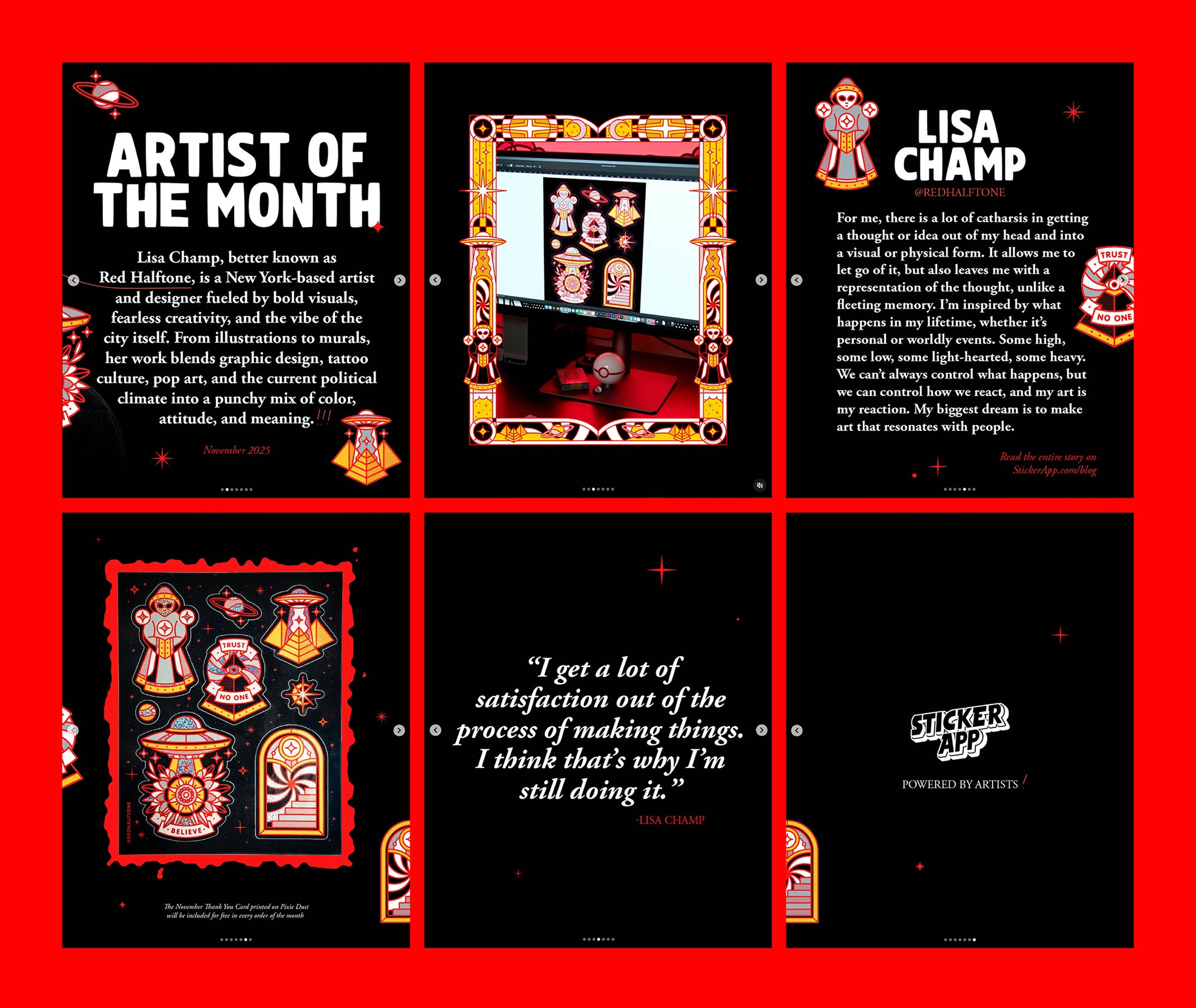 Slides from a social media post about artist of the month, quotes, and sticker sheet art.