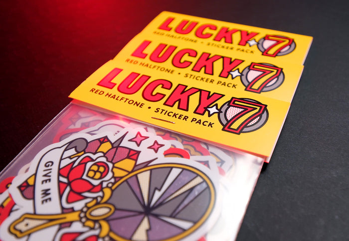 Three Lucky 7 sticker packs by Red Halftone on a dark background