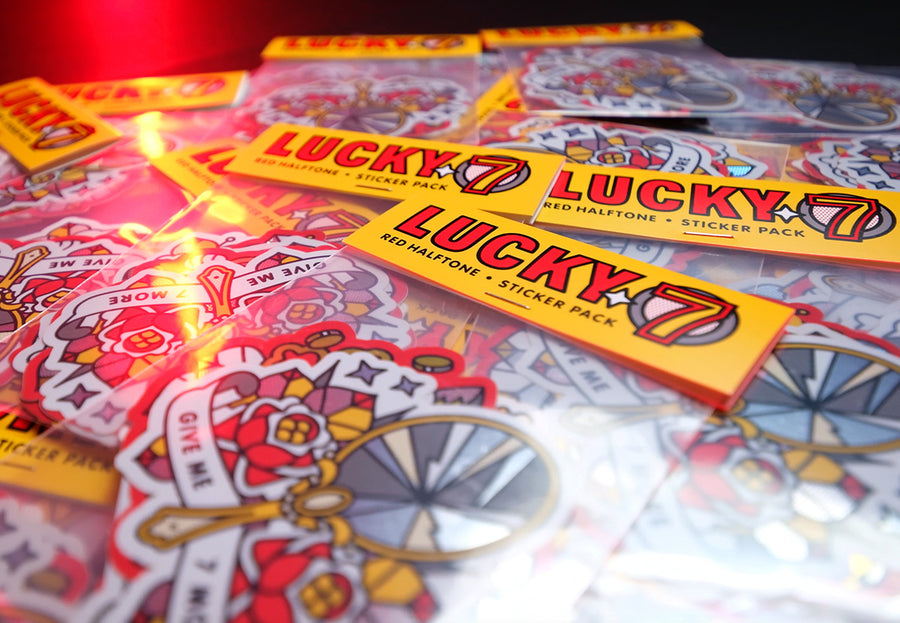 Multiple 'Lucky 7' sticker packs with colorful designs on a dark background