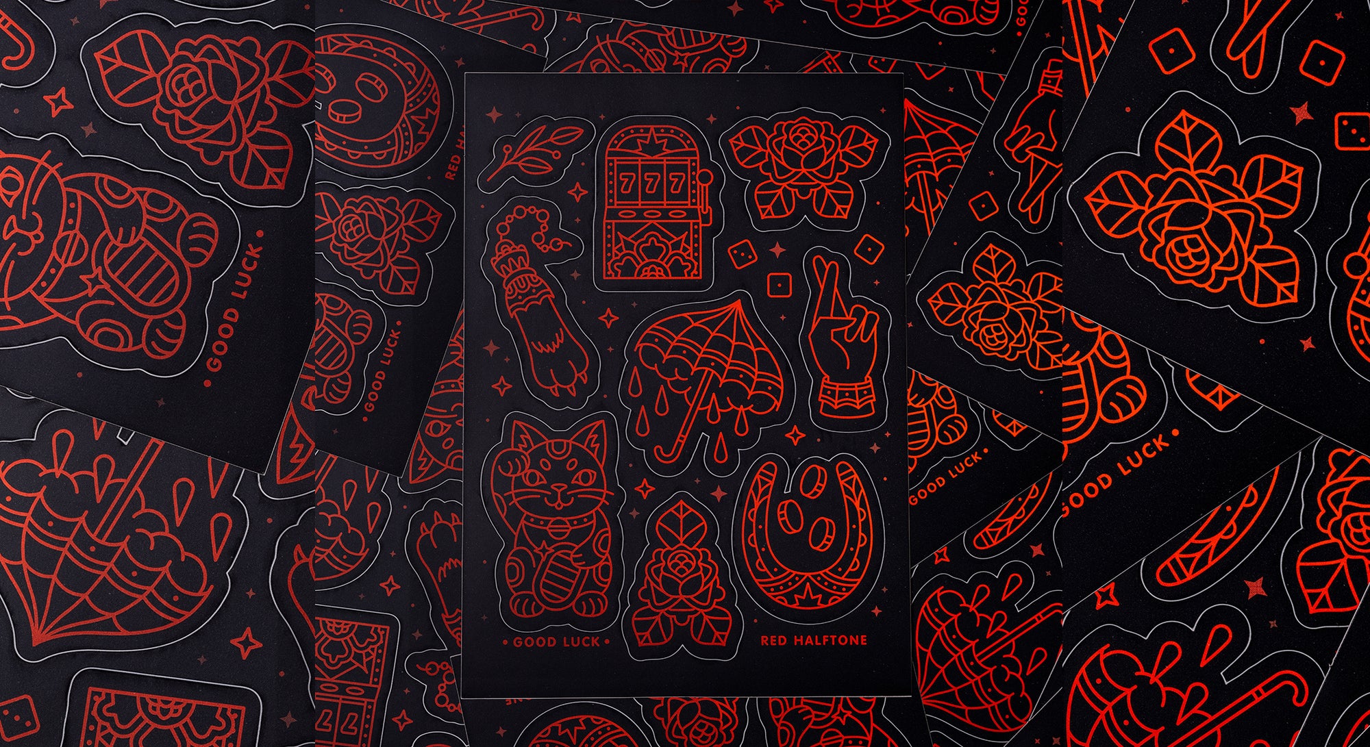 Black sticker sheets with luck-themed red line art designs