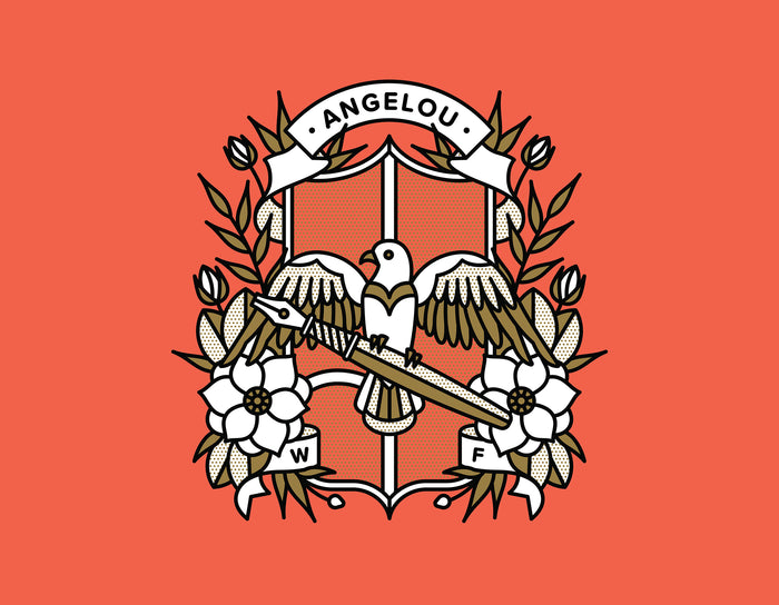 A pink gold and white illustration by Red Halftone featuring a bird holding a pen surrounded by magnolia flowers with text.
