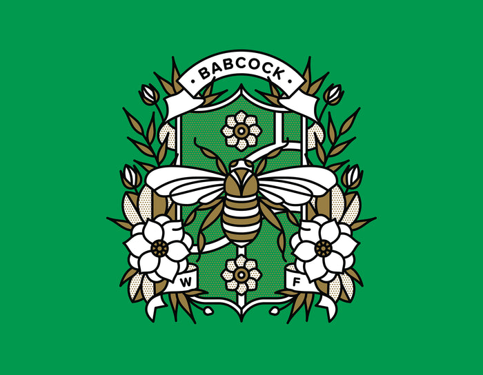 A green gold and white illustration by Red Halftone featuring a bee surrounded by magnolia flowers with text.