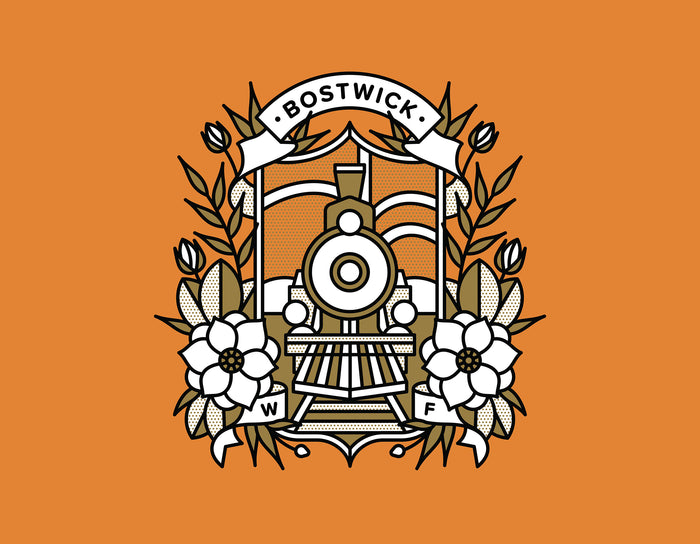 An orange gold and white illustration by Red Halftone featuring a train surrounded by magnolia flowers with text.
