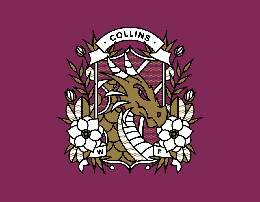 A purple gold and white illustration by Red Halftone featuring a dragon surrounded by magnolia flowers with text.