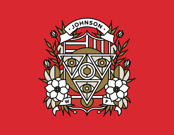 A red gold and white illustration by Red Halftone featuring three eyes in a triangular shape surrounded by magnolia flowers with text.