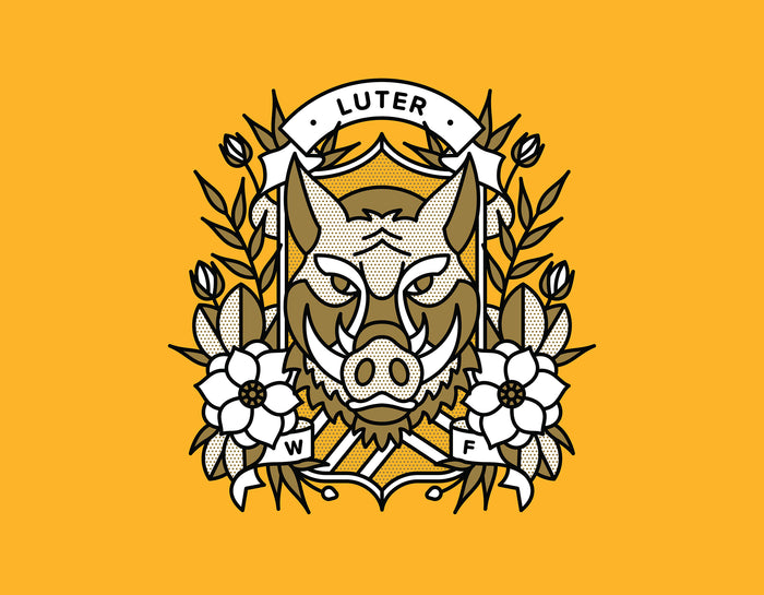 A yellow gold and white illustration by Red Halftone featuring a boar's head surrounded by magnolia flowers with text.