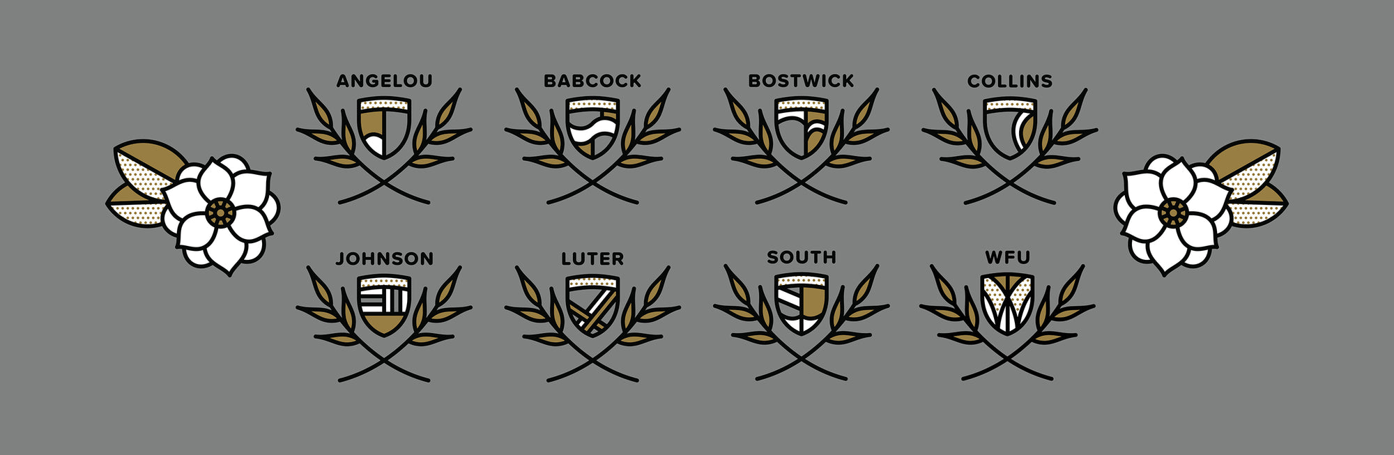 Set of shields with floral elements and text on a gray background