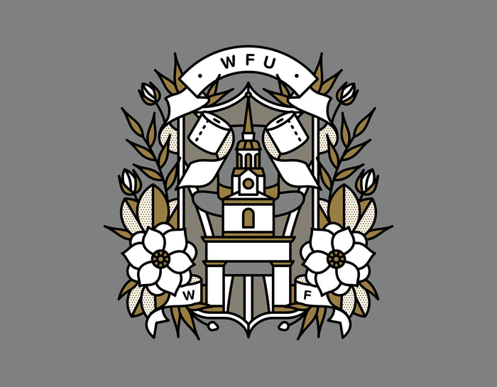 A grey gold and white illustration by Red Halftone featuring a building and rolls of toilet paper surrounded by magnolia flowers with text.