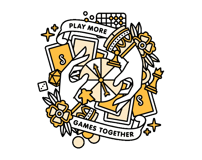 Animated decorative illustration with playing cards, dice, game pieces, and text on a white background with yellow highlights.
