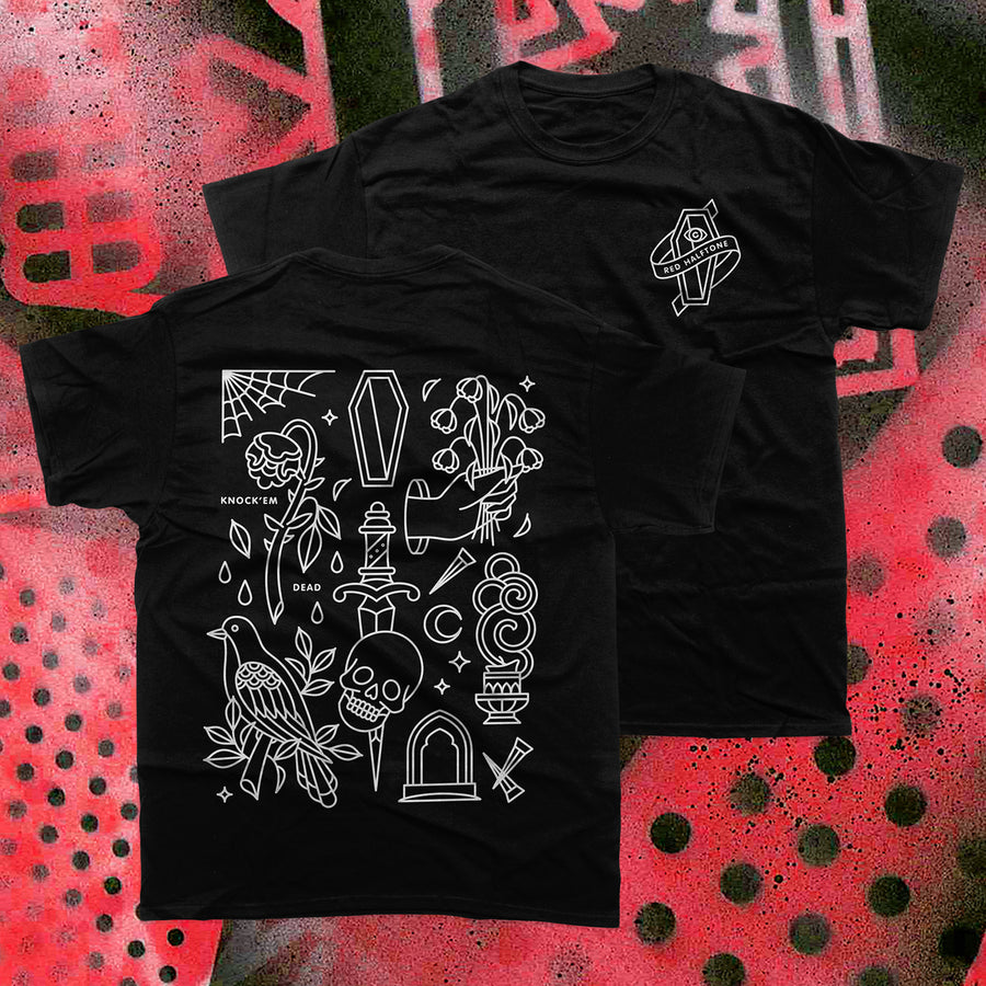 A black unisex t-shirt with a printed graphic that includes various designs such as a skull, raven, rose, and other symbols displayed on the front and back against a red and black background.