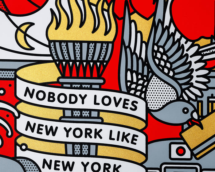 Illustration with a flame, a pigeon, and text 'Nobody loves New York like New York' on a red, gold, grey and white background.