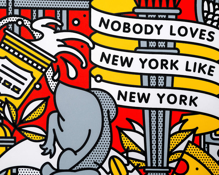 Illustration with text 'Nobody Loves New York Like New York' surrounded by NYC themed graphics.