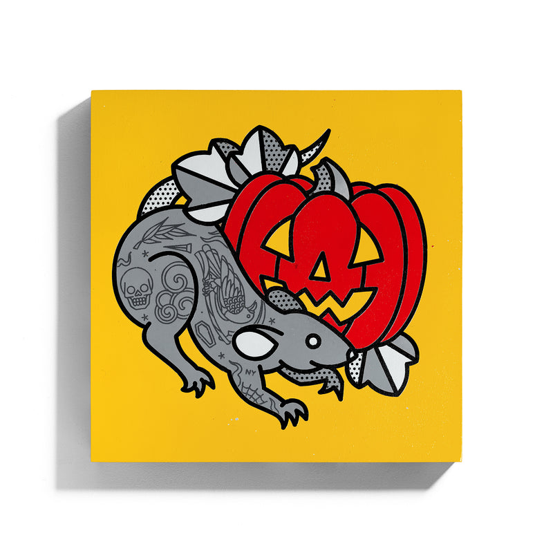 A square wood panel original painting by Red Halftone featuring a tattoo-style grey rat with tattoos playfully wrapped around a carved jack-o-lantern on a yellow background.