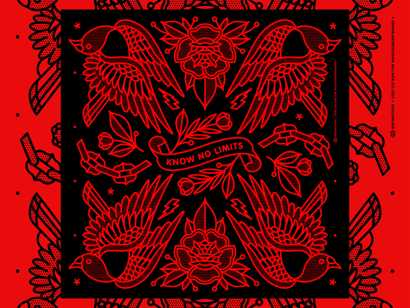 Red and black tattoo-style bandana design with birds and 'Know No Limits' banner on a red background.