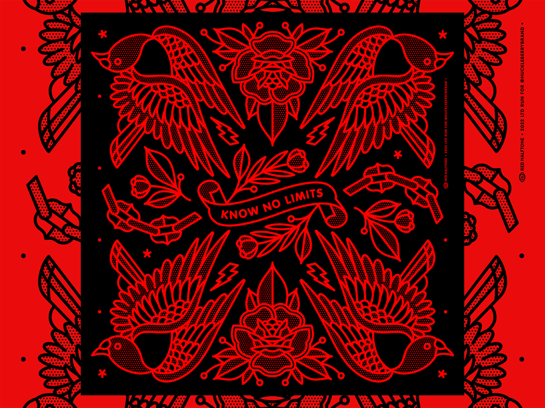 Red and black tattoo-style bandana design with birds and 'Know No Limits' banner on a red background.
