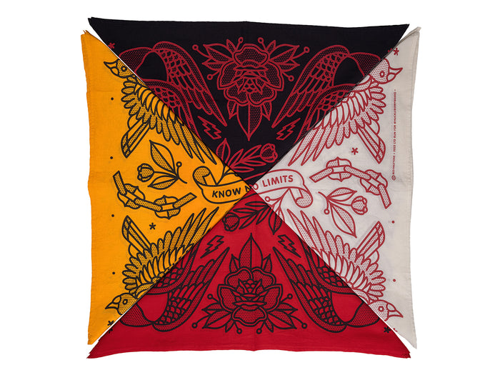 Four colorful bandanas with tattoo-style designs folded in a triangle shape on a white background