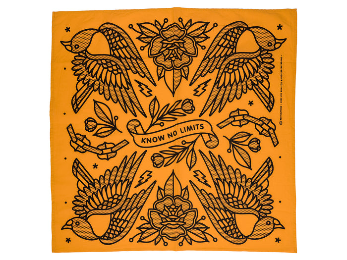 Cadmium yellow bandana with black tattoo-style designs and 'Know No Limits' text.