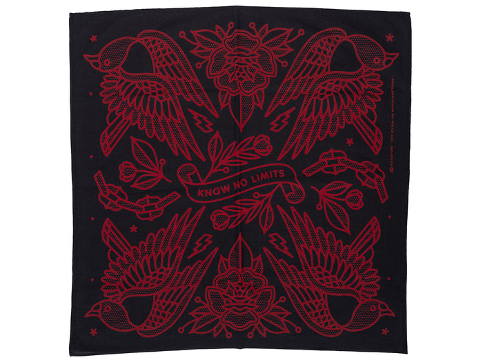 Black bandana with red tattoo-style designs and 'Know No Limits' text.