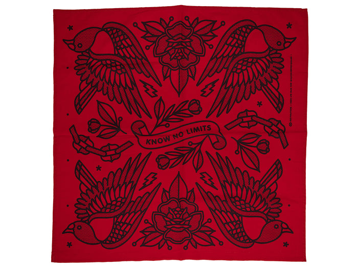 Red bandana with black tattoo-style designs and 'Know No Limits' text.