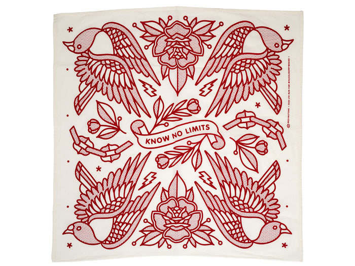 cream colored bandana with red tattoo-style designs and 'Know No Limits' text.