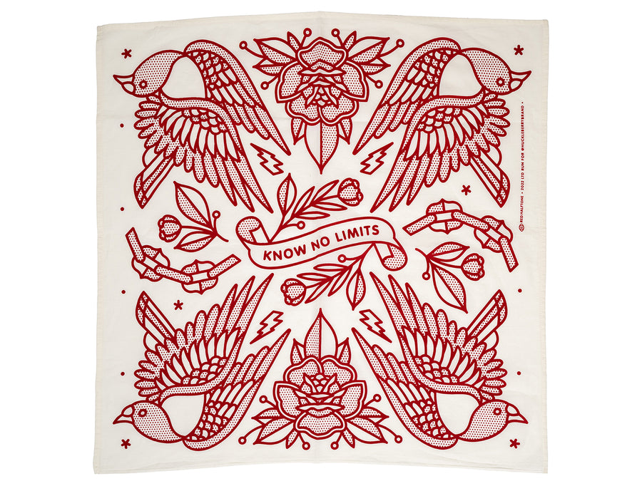 cream colored bandana with red tattoo-style designs and 'Know No Limits' text.