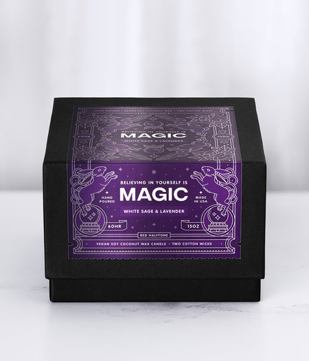 Magic candle packaging with a purple decorative label on a white background