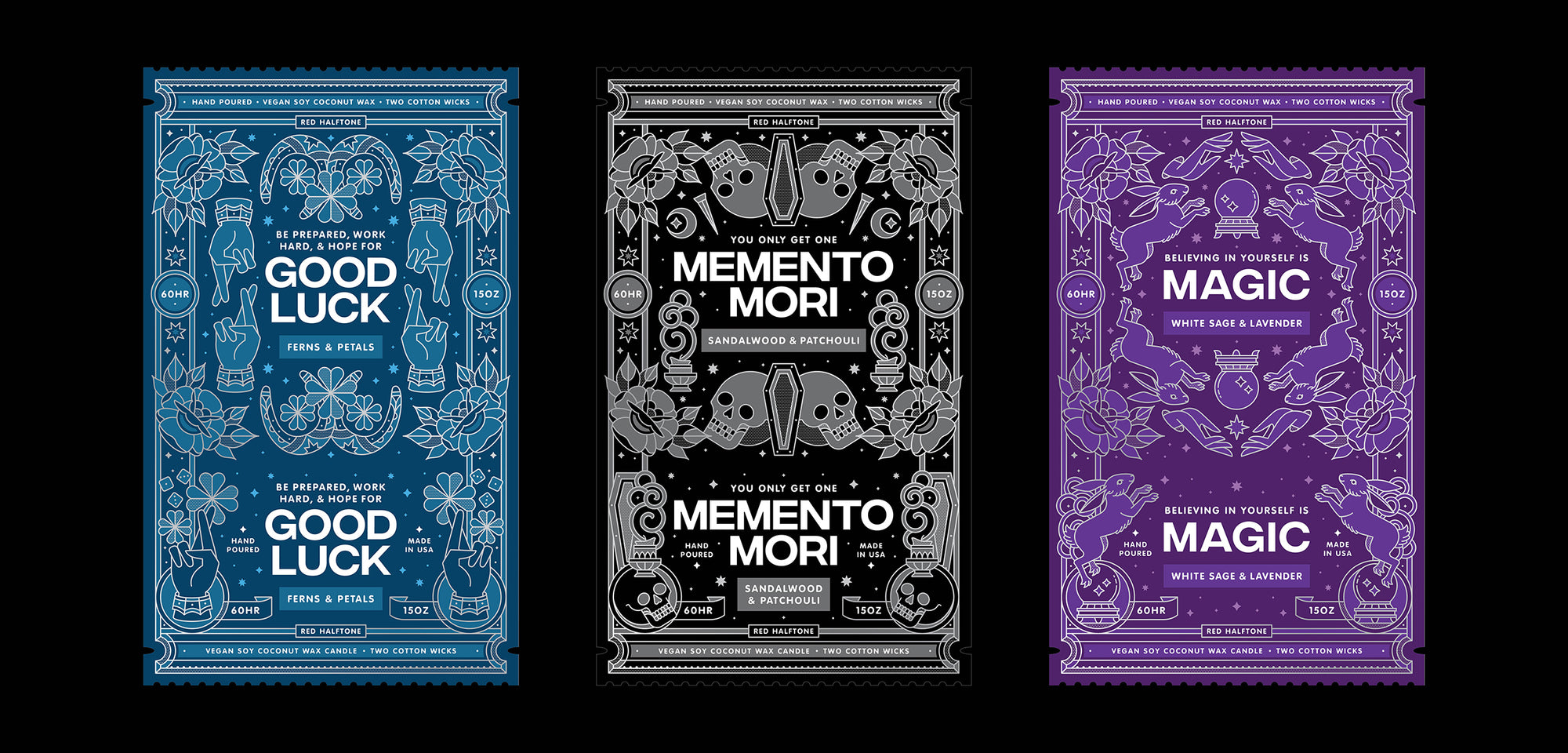 Three ornately illustrated labels with 'Good Luck', 'Memento Mori', and 'Magic' themes on a black background.