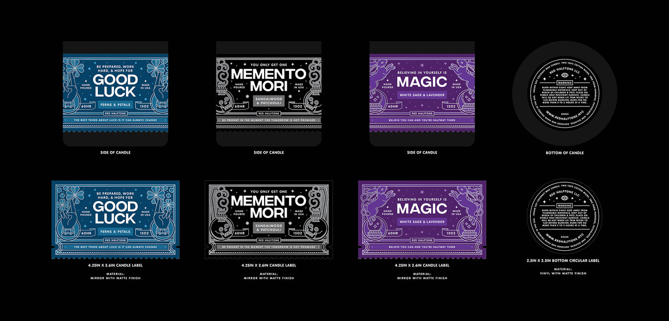 A mockup overview of various candle labels applied to glass jars with different views