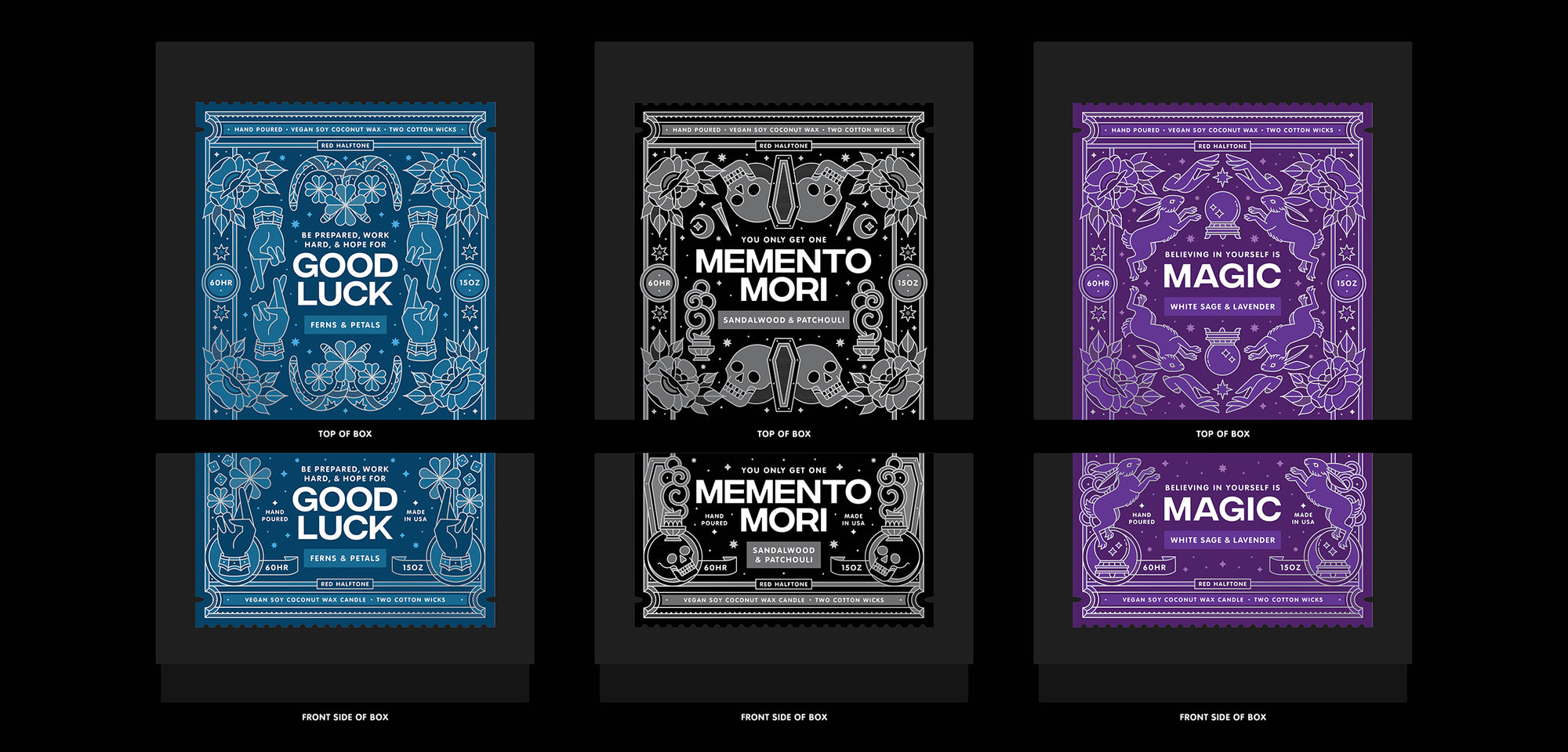 mockup of boxes with three ornately illustrated labels with text 'Good Luck', 'Memento Mori', and 'Magic' on a black background.