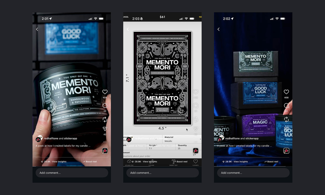 Three smartphone screenshots displaying different candle product images in an Instagram reel.